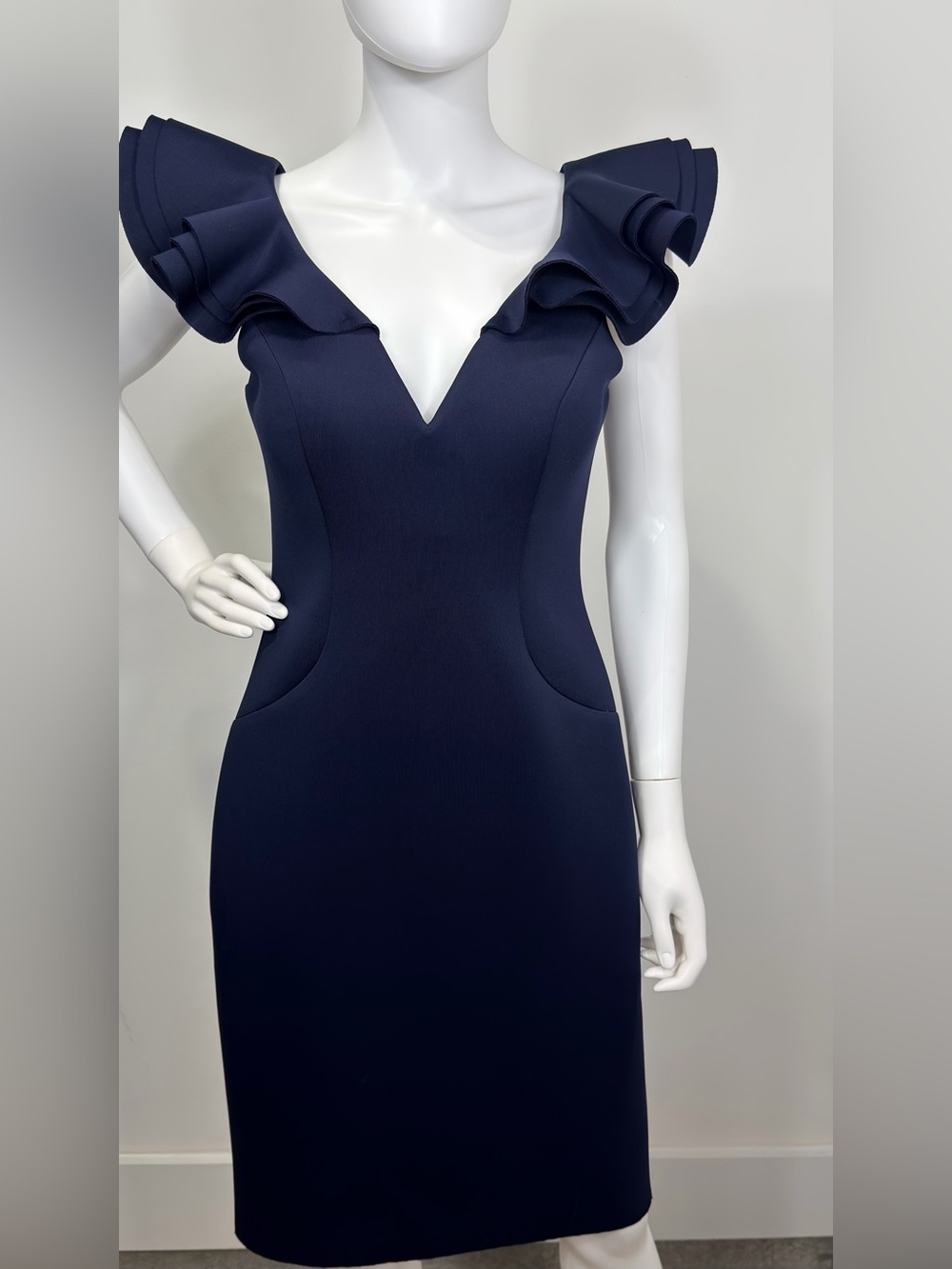 Eliza J Navy Ruffle Shoulder Sheath Cocktail Dress Size 8